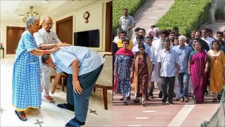 Delhi CM Kejriwal receives blessings of his parents (Left Picture); AAP leaders arrive at Rajghat (Right Picture).