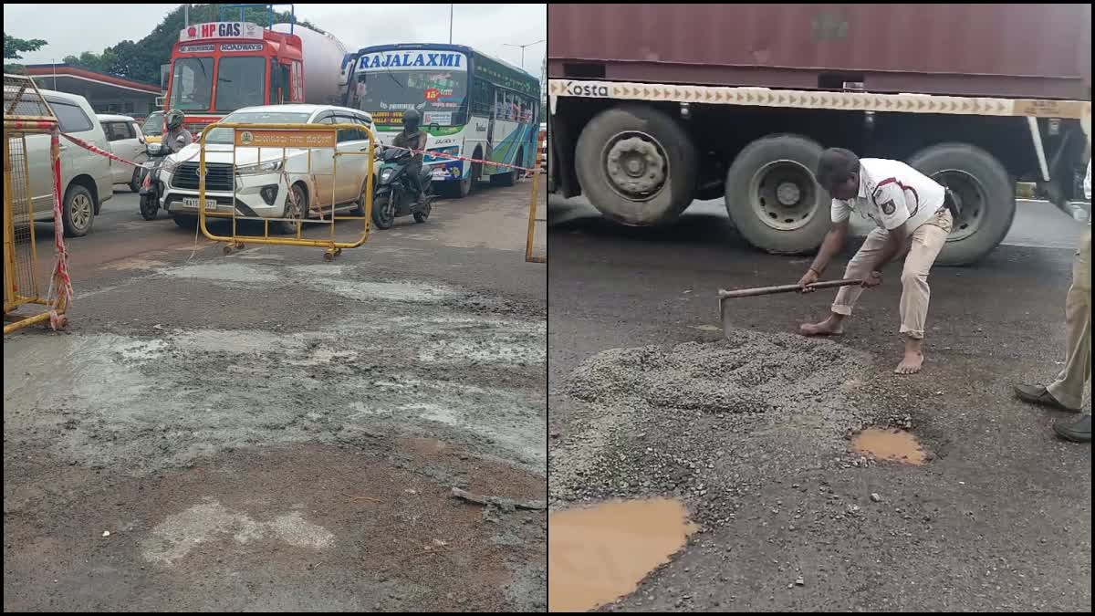 Traffic SI fixes potholes and wins praise from public in Mangaluru