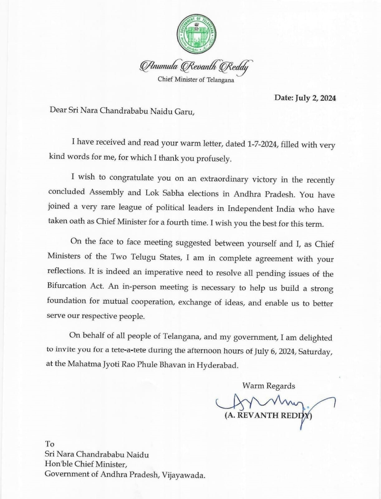 Revanth Reddy's reply to Chandrababu's letter