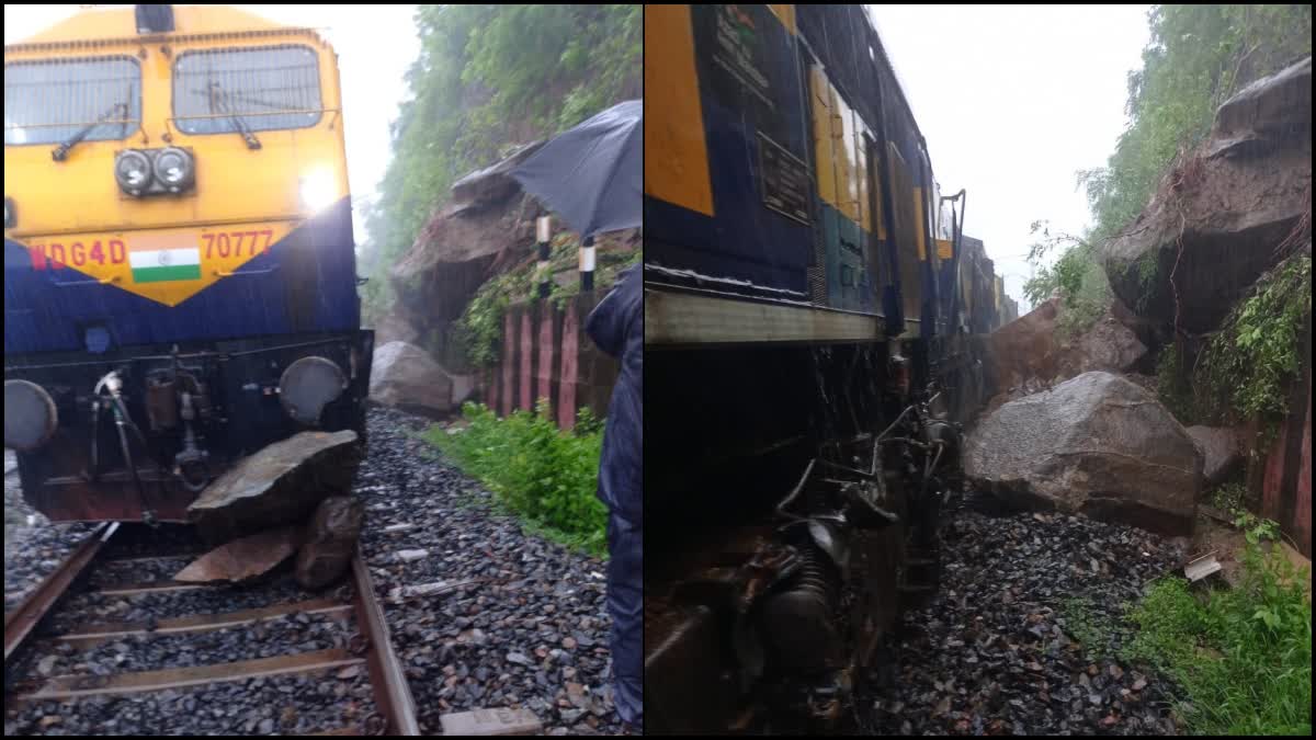 Goods train derailed after giant rock fell on the engine