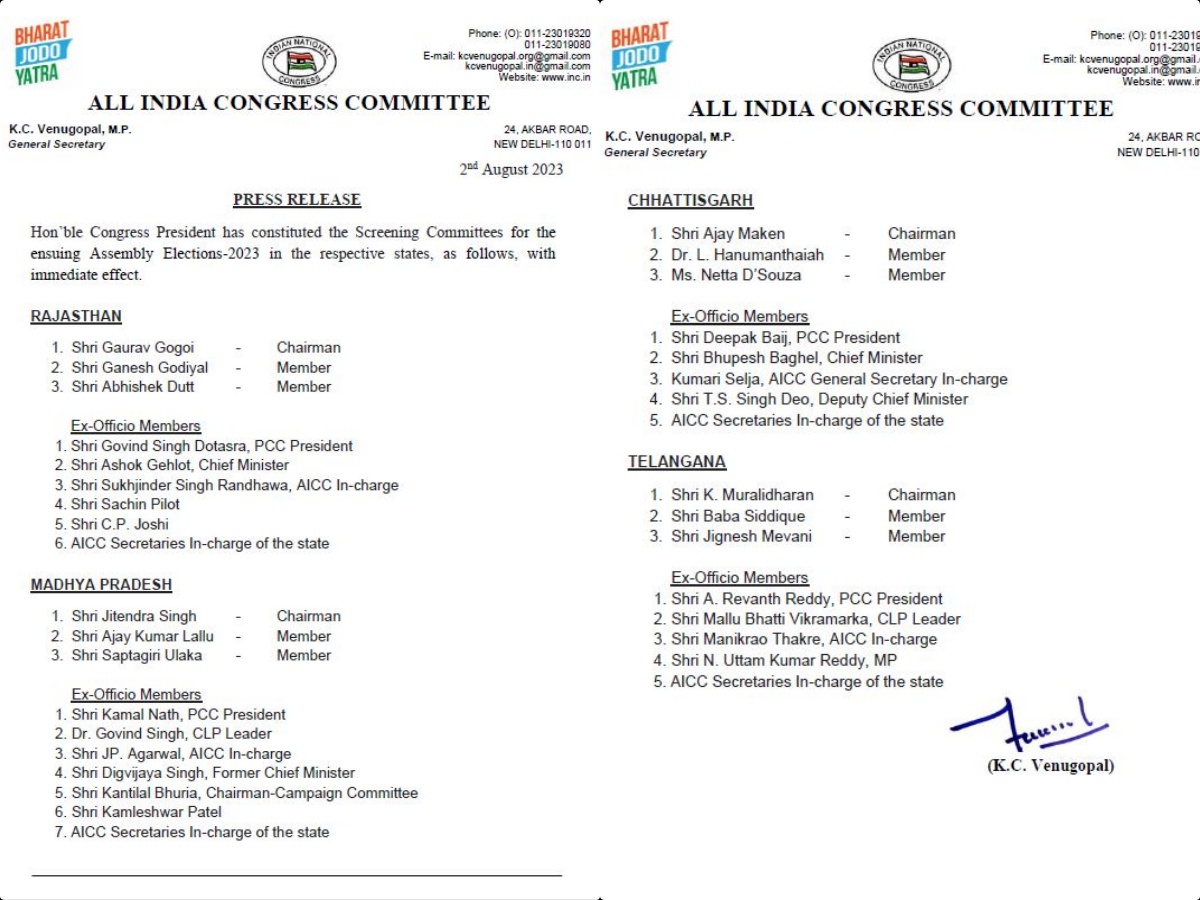 Rajasthan Congress Screening Committee Chairman