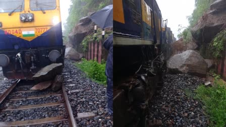 Heavy rain Odisha  goods train engine derails  goods train engine derails in angul  engine derails in angul after being hit by boulder  ಹಳಿ ತಪ್ಪಿದ ಉಗಿಬಂಡಿ  ರೈಲಿನ ಇಂಜಿನ್​ಗೆ ಬಡಿದ ಬೃಹತ್​ ಕಲ್ಲುಬಂಡೆ  ಮಳೆಗೆ ಪಶ್ಚಿಮ ಒಡಿಶಾ ತತ್ತರ  11 ಜಿಲ್ಲೆಗಳಲ್ಲಿ ಶಾಲಾ ಕಾಲೇಜುಗಳಿಗೆ ರಜೆ ಘೋಷಣೆ  ಪಶ್ಚಿಮ ಒಡಿಶಾ ಮಳೆಗೆ ತತ್ತರ  ಹಳಿ ಮೇಲೆ ಬಂಡೆಕಲ್ಲು  ಬಂಡೆಕಲ್ಲು ಬಿದ್ದ ಪರಿಣಾಮ ರೈಲು ಇಂಜಿನ್​ಗೆ ಹಾನಿ  ಸರಕು ಸಾಗಣೆ ರೈಲು  ರೈಲಿನ ಹಳಿ ತಪ್ಪಿರುವ ಘಟನೆ