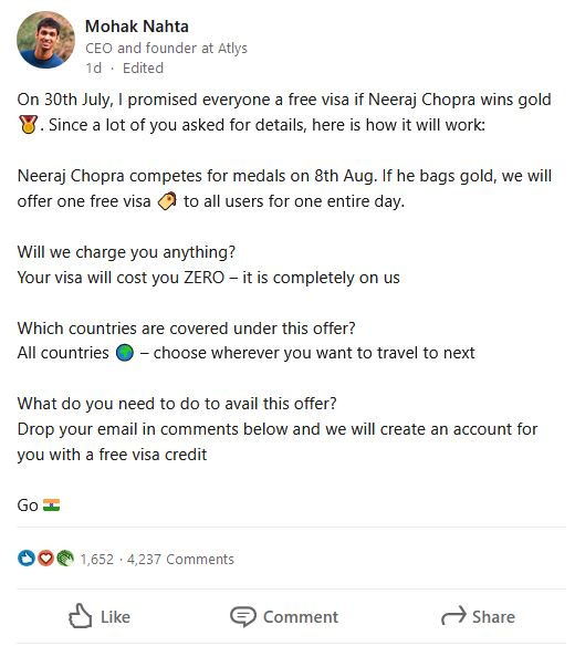 Free Visa for everyone if Neeraj Chopra wins Gold