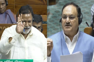 Rajesh Ranjan (Pappu Yadav), left, and Union Health Minister JP Nadda in Lok Sabha on Friday.