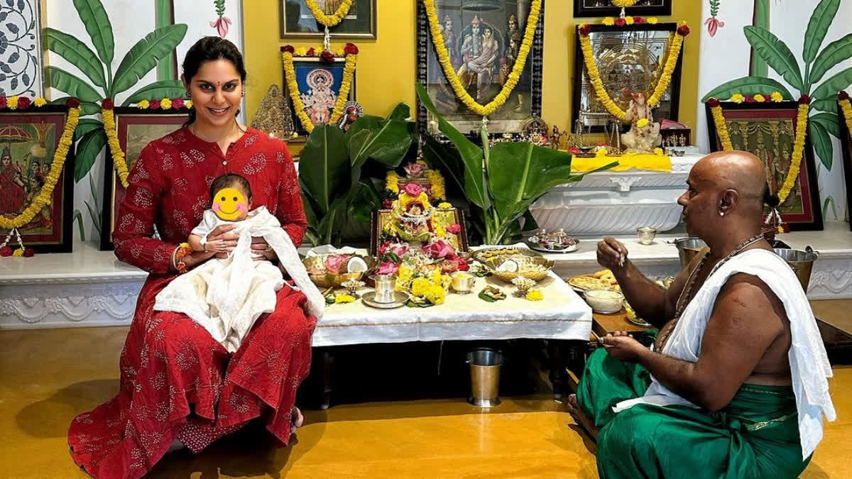 Ram Charan's wife Upasana Konidela took to Instagram and dropped a lovely photo to mark her first Varalakshmi Vratham celebrations with daughter Klin Kaara.