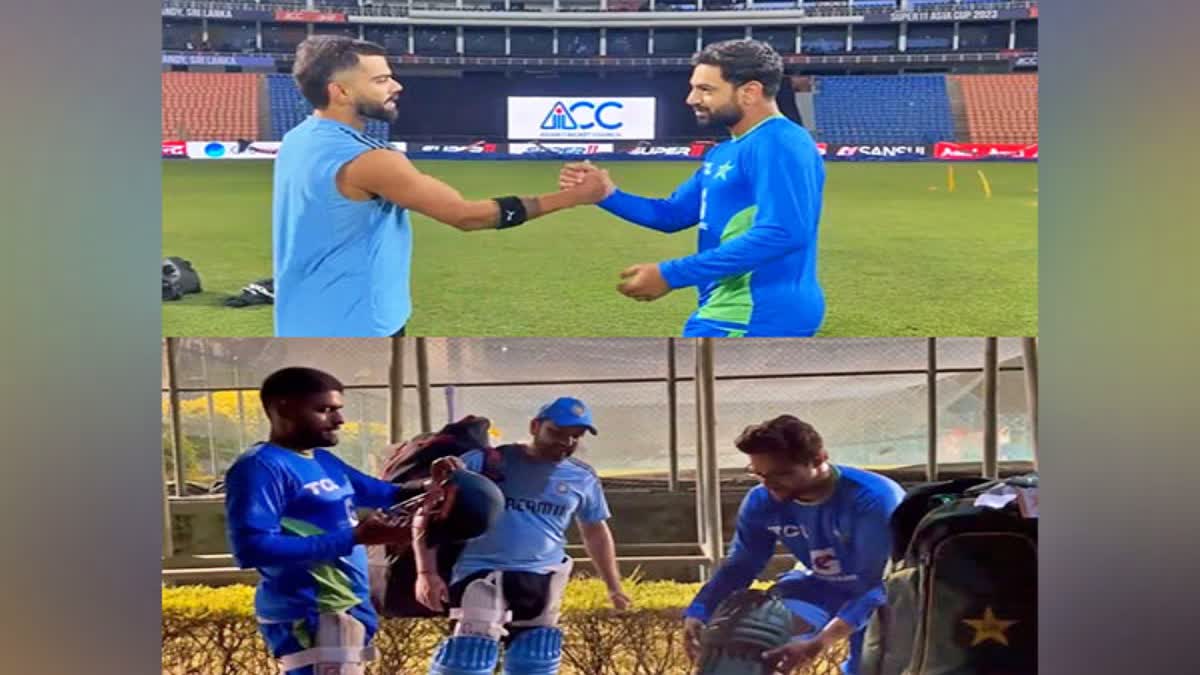 Asia Cup 2023  Pakistan and India players catch up  highly anticipated clash  Kohli jokes with Shadab and Afridi  ಭಾರತ ಪಾಕಿಸ್ತಾನ ಹೈವೋಲ್ಟೇಜ್​ ಪಂದ್ಯಕ್ಕೆ ಕ್ಷಣಗಣನೆ  ಪಾಕ್​ ಆಟಗಾರರೊಂದಿಗೆ ನಗೆಚಟಾಕಿ ಹಾರಿಸಿದ ಕೊಹ್ಲಿ  ಭಾರತ ಮತ್ತು ಪಾಕಿಸ್ತಾನದ ನಡುವೆ ಏಷ್ಯಾಕಪ್  ಪಲ್ಲೆಕಲೆ ಮೈದಾನ ಸಜ್ಜಾಗಿದೆ  ಪಲ್ಲೆಕೆಲೆಯಲ್ಲಿ ನಡೆಯಲಿರುವ ಏಷ್ಯಾ ಕಪ್ 2023  ಪಲ್ಲೆಕೆಲೆ ಸ್ಟೇಡಿಯಂನಲ್ಲಿ ನಡೆದ ಅಭ್ಯಾಸ  ಕೊಹ್ಲಿ ಶಾದಾಬ್ ಖಾನ್ ಮತ್ತು ಶಾಹೀನ್ ಅಫ್ರಿದಿ