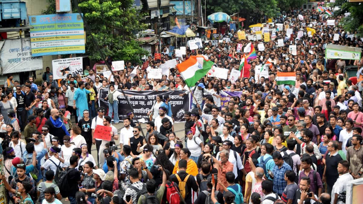 Thousands, including film director Aparna Sen and Bengali film industry personalities, rallied in Kolkata to demand justice for a doctor who was raped and murdered at RG Kar hospital last month. The protest, marked by revolutionary songs and emotional speeches, continued into the early morning with participants vowing to stay until their demands for a swift investigation and arrests were met.