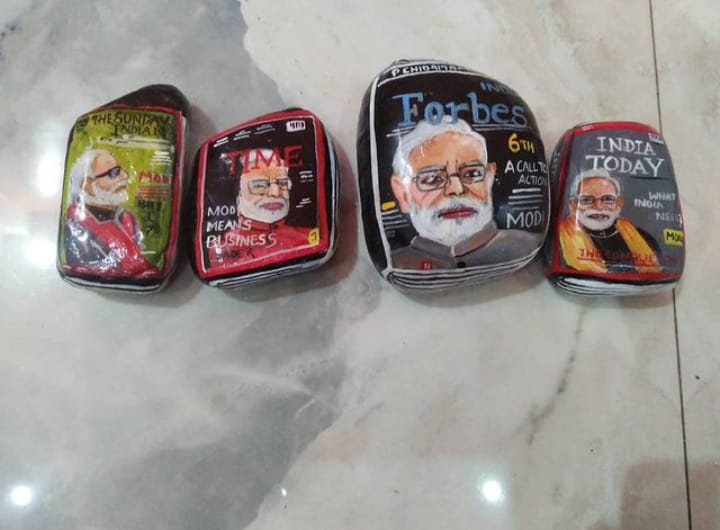 PM Narendra Modi Life On Stone Painting