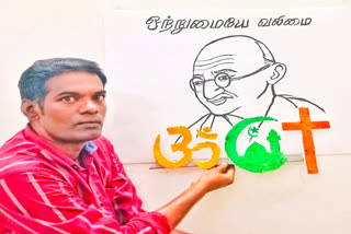 artist Selvam painted Gandhian paintings using religious symbols