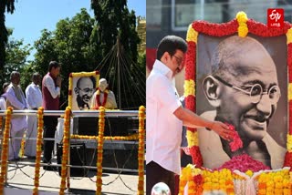 ஆளுநர், தமிழக முதலமைச்சர் காந்தி படத்திற்கு மலர் தூவி மரியாதை