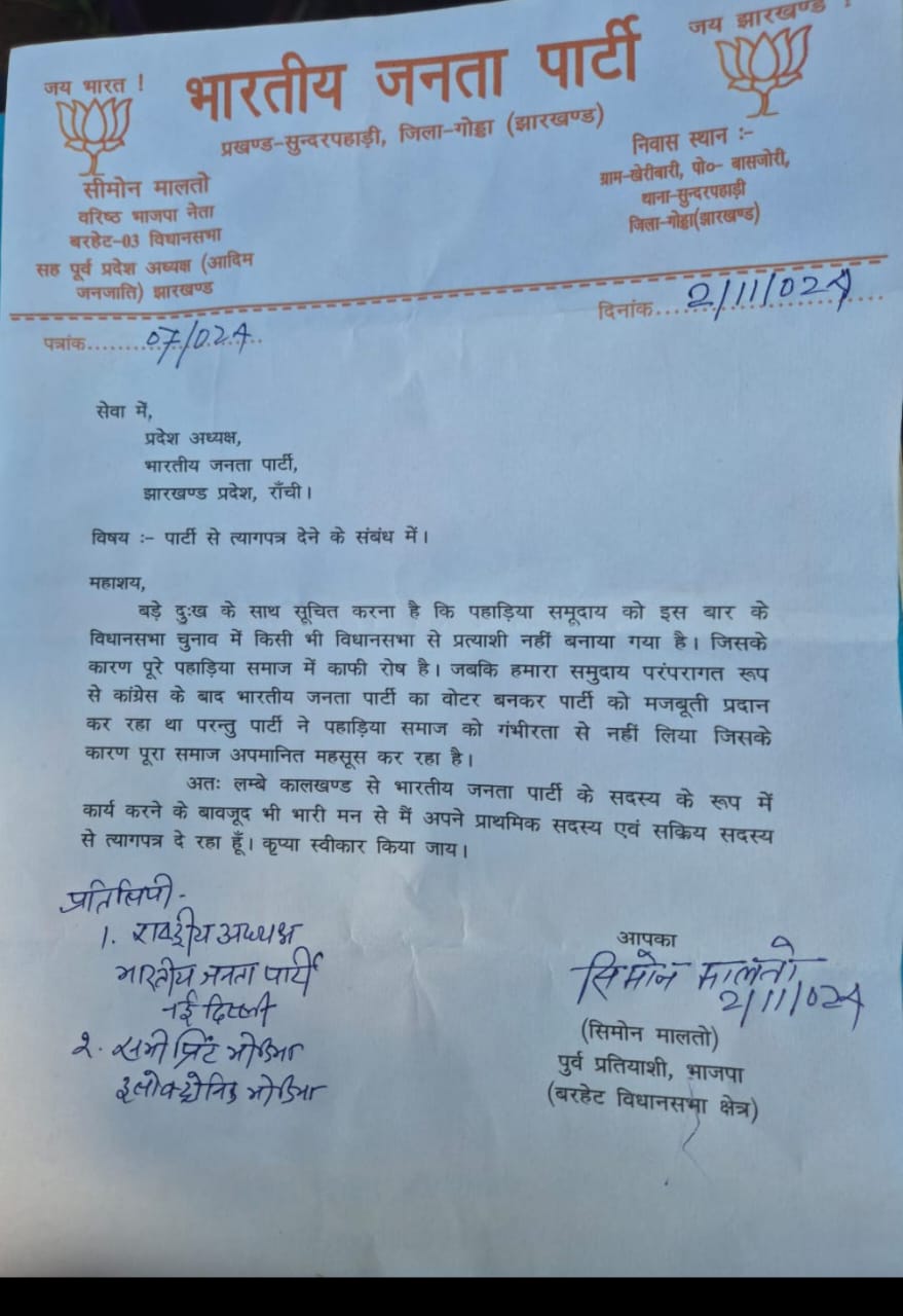 BJP leader Simon Malto resigned from primary membership of party regarding Jharkhand assembly Elections 2024