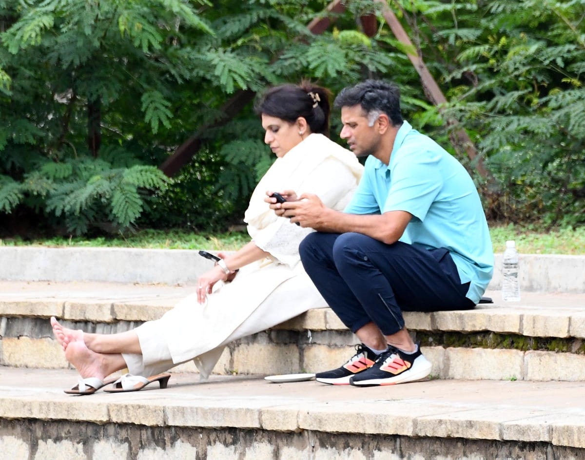 Rahul Dravid couple watched their son play while sitting on stone steps in Mysuru