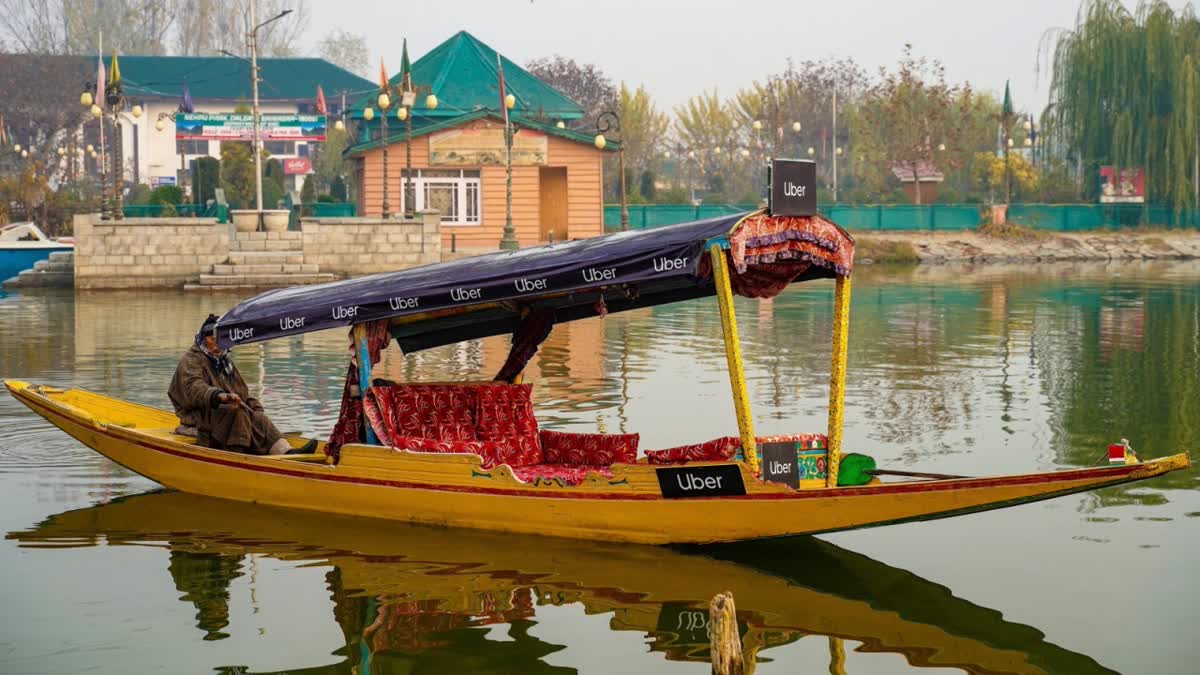 An Uber Shikara rowing in Dal Lake in Srinagar