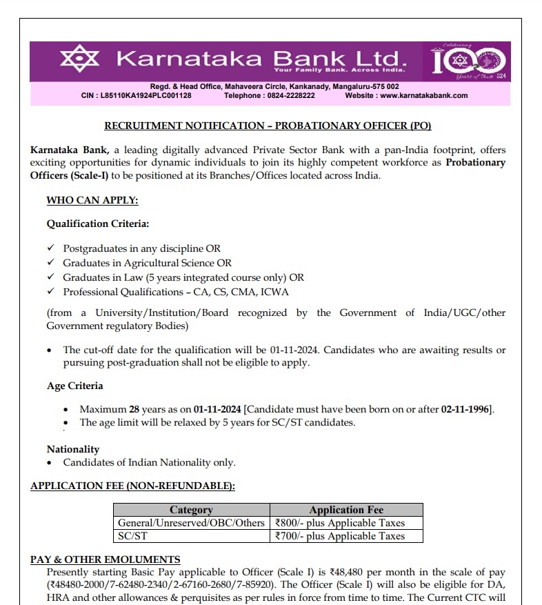 Grade 1 Probationary officer Recruitment by Karnataka Bank