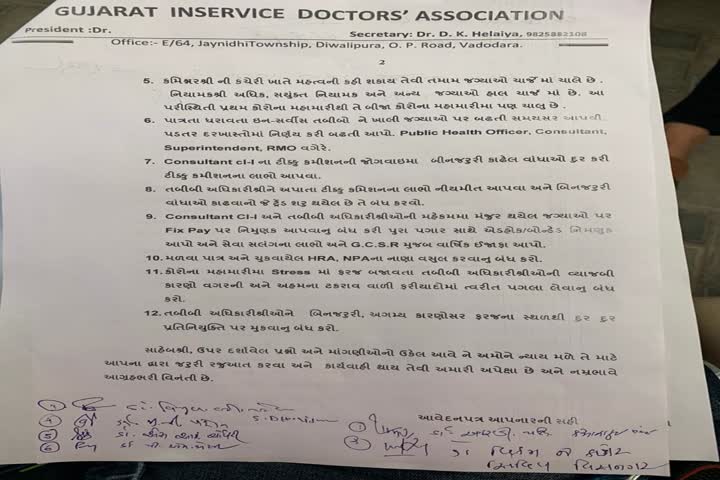 ગુજરાત ઇન સર્વીસ ડોક્ટર એસોસિએશન દ્વારા 12 મુદ્દાઓની માંગણીઓને લઈને આવેદનપત્ર આપવામાં આવ્યું 