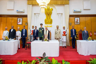 Manipur High Court Chief Justice D. Krishnakumar administers the oath to Ajay Kumar Bhalla as Manipur Governor during a ceremony at Raj Bhavan, in Imphal, Friday, Jan. 3, 2024.