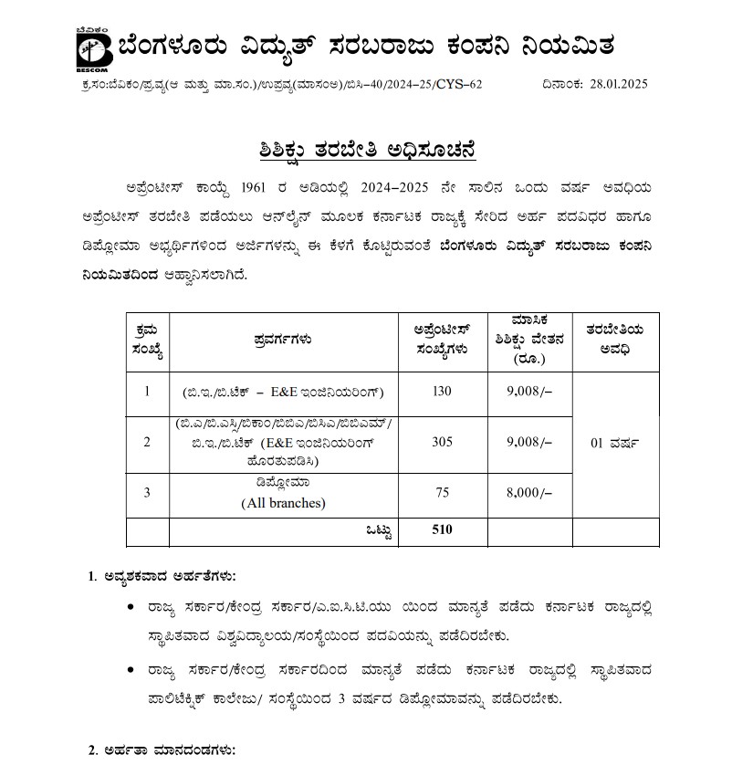 Bescom Recruitment Notification for  apprentice post