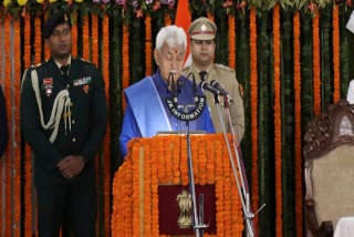 Jammu and Kashmir Lieutenant Governor Manoj Sinha addresses during the first day of the Budget session of J&K Assembly, in Jammu, Monday, March 3, 2025.