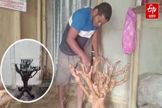 An artist has made various furniture from the trunk of a discarded tea tree in Dibrugarh