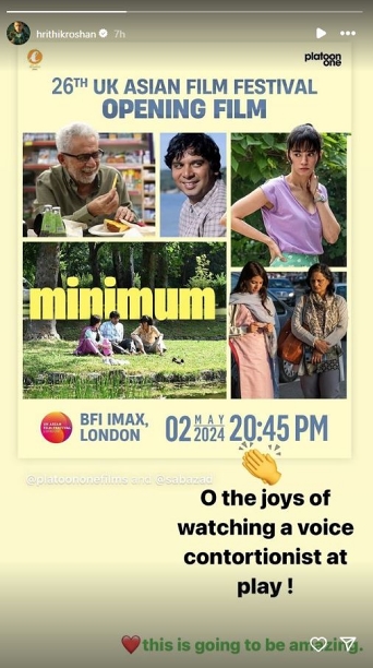 Hrithik Roshan expresses his support for his girlfriend Saba Azad's film Minimum as it premieres at the 26th UK Asian Film Festival in London. Roshan shares his excitement on Instagram, praising Azad's talents and anticipating the film's success.