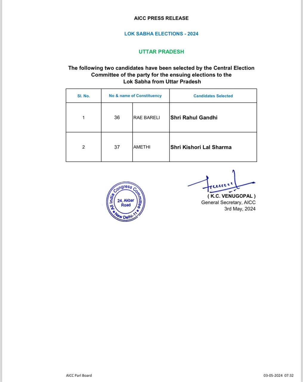 રાયબરેલી-અમેઠીને લઈને સ્થિતિ સ્પષ્ટ