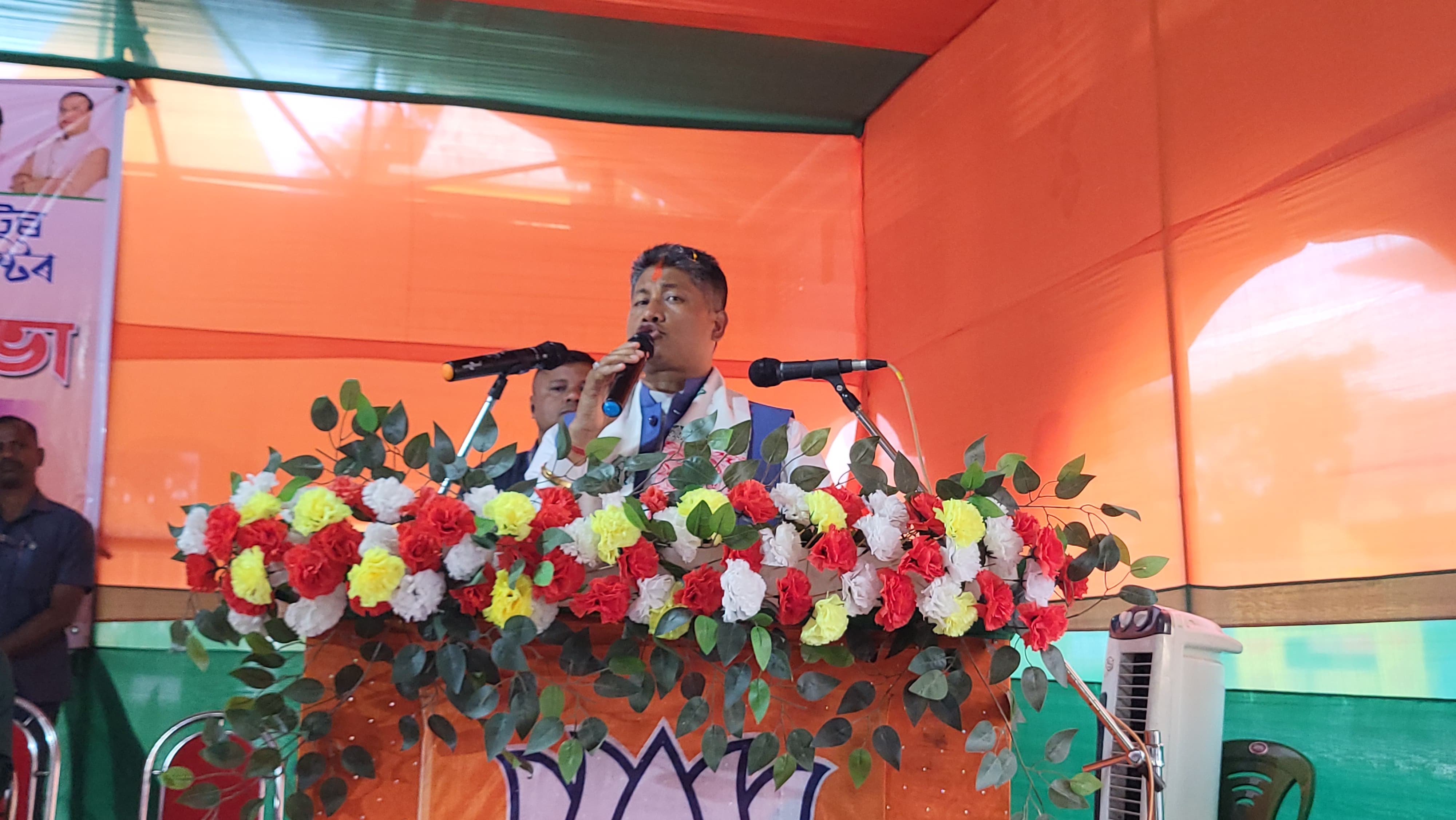 Minister Pijush Hazarika and MLA Kamalakhya Dey Purkayastha campaigning for NDA candidate Jayanta Basumatary of Kokrajhar Lok Sabha