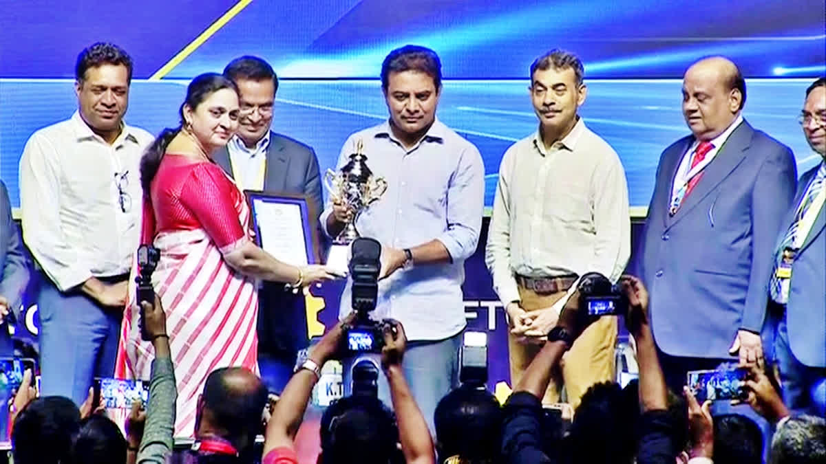 Ch. Vijayeswari, the Managing Director of Ramoji Film City received the Award for Excellence in Tourism Promotion from K. T. Rama Rao, Minister for Industries and IT, Government of Telangana, in a special function held at Hyderabad.