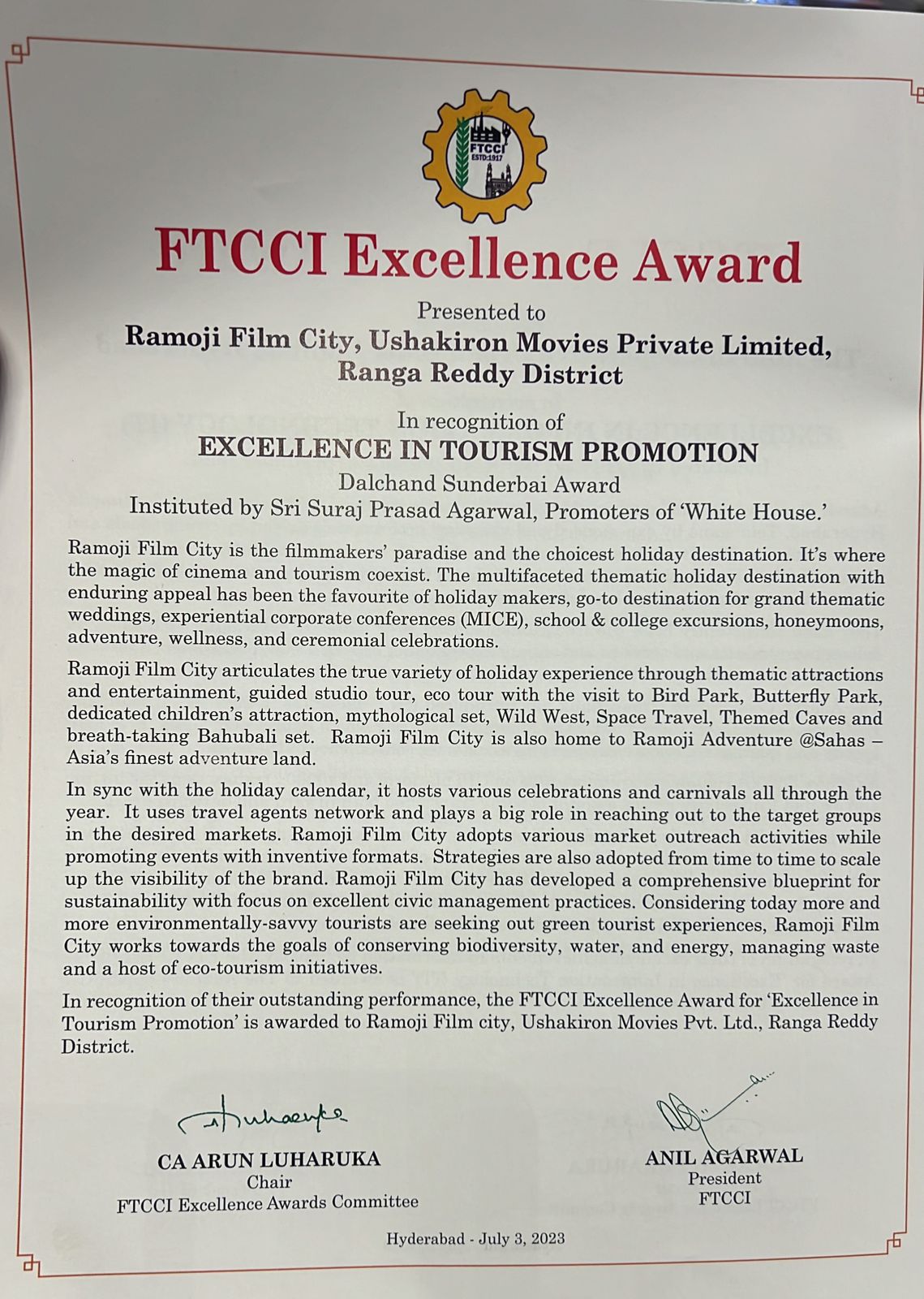 FTCCI Award Certificate