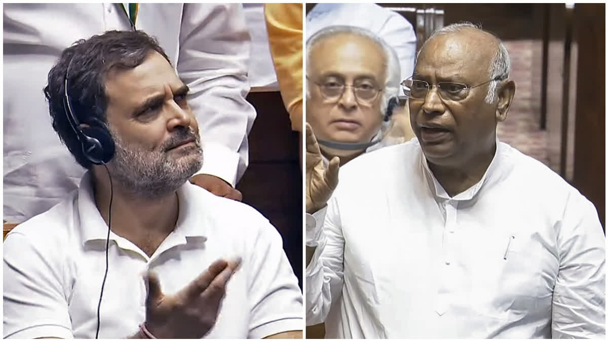 Rahul Gandhi and Mallikarjun Kharge, left, the Leaders of the Opposition in the Lok Sabha and Rajya Sabha respectively.