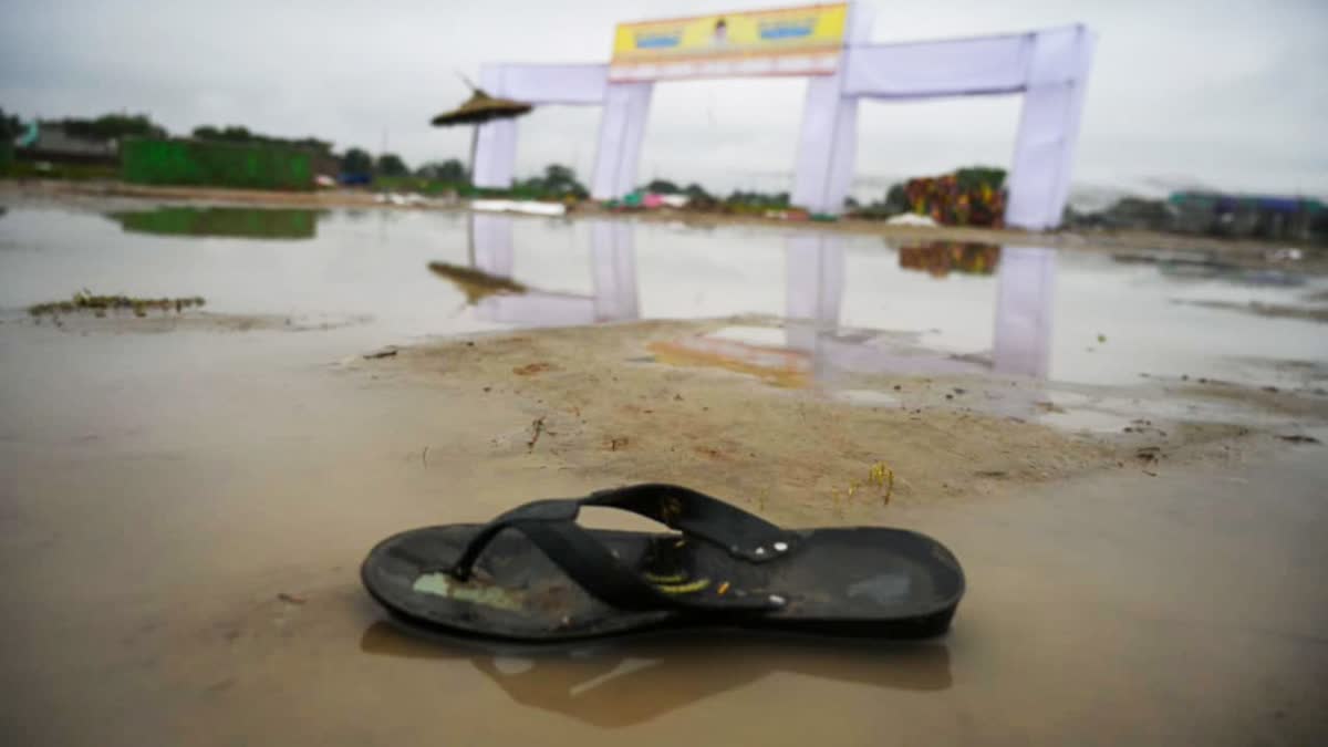 A slipper of a victim at the Hathras stampede incident site, where 121 people died during a congregation yesterday, at Fulrai village in Hathras on Wednesday, July 3, 2024.