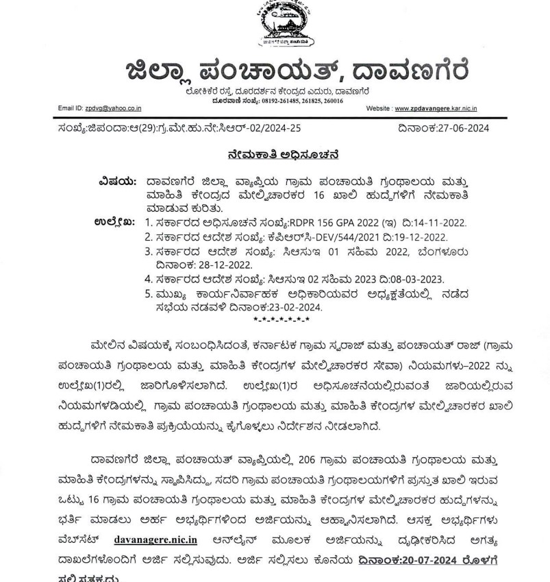 Govt Job ooprtunity in Davanagere ZP here is the details