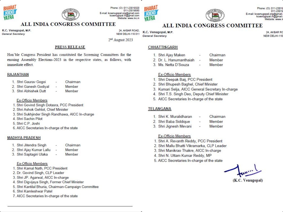 Screening Committee For Chhattisgarh Election