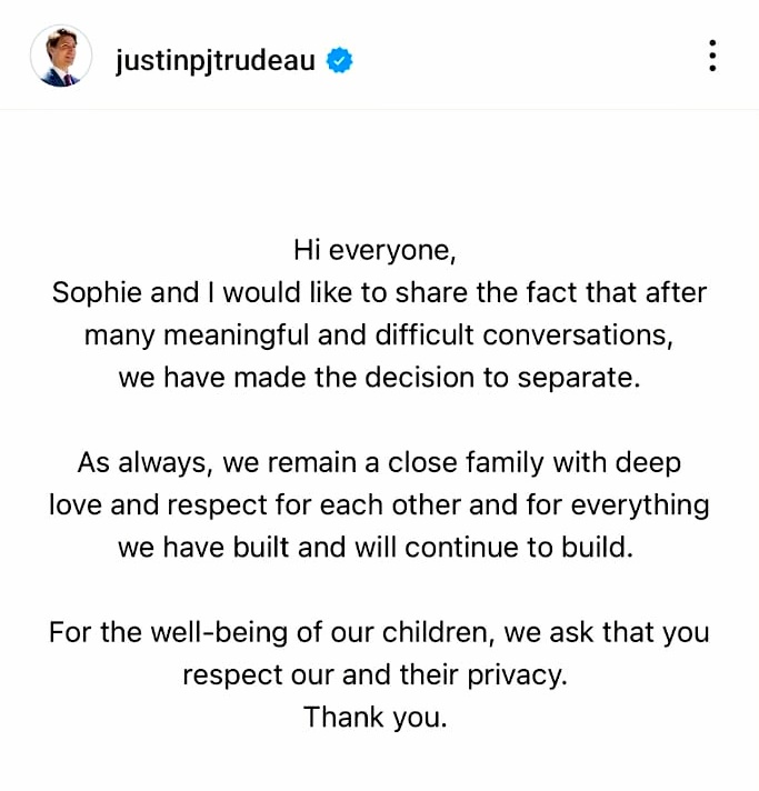 Canada PM Justin Trudeau Insta Post