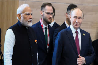 Prime Minister Narendra Modi and Rusian President Vladimir Putin at the Plenary Session of the BRICS Summit, at Kazan Expo Center, in Kazan, Russia on Oct 23, 2024. | File