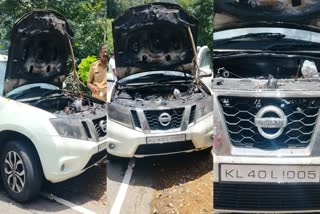 Car Catches fire  Car Catches Fire While Running In kuttiadi  Car Catches Fire While Running  car accident  kozhikode  kuttiadi news  kozhikode kuttiadi car catches fire  Shot circuit inside the car  കുറ്റ്യാടിയിൽ ഓടിക്കൊണ്ടിരുന്ന കാറിന് തീ പിടിച്ചു  കാറിൽ സഞ്ചരിച്ചവർ രക്ഷപ്പെട്ടത് തലനാരിഴക്ക്  കാറിനകത്തെ ഷോട്ട് സർക്യൂട്ട് ആണ് അപകട കാരണം  ഓടിക്കൊണ്ടിരുന്ന കാറിന് തീ പിടിച്ചു  അപകടം കുറ്റ്യാടിയിൽ  കുറ്റ്യാടി കാവിലുംപാറ ഗ്രാമപഞ്ചായത്തിലെ ചുരം റോഡ്  കാവിലുംപാറ ചുരം റോഡ് അഞ്ചാം വളവിൽ  ടെറാനോ കാറിന് തീ പിടിച്ചു  ടെറാനോ കാർ  അഗ്നിശമന സേനാവിഭാഗം  നാട്ടുകാരും യാത്രക്കാരും ചേർന്ന് തീ അണച്ചിരുന്നു  കാറിൻ്റെ എഞ്ചിൻ പൂർണ്ണമായും കത്തി നശിച്ചു