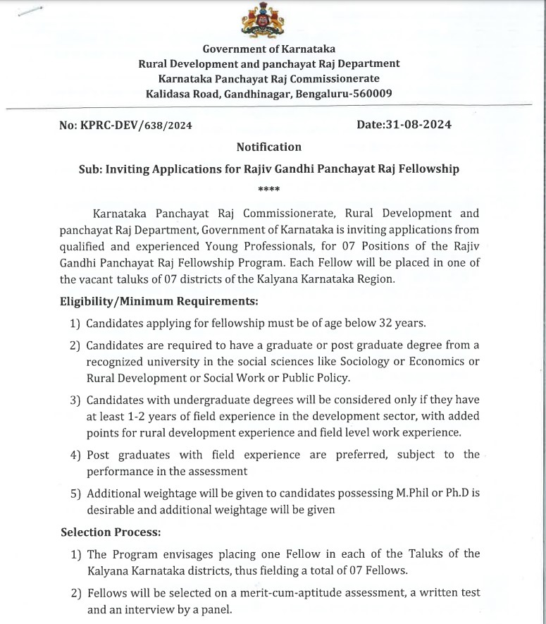 rdpr-recruitment-for-rajiv-gandhi-panchayat-raj-fellowship-post-in-kalyana-karnataka