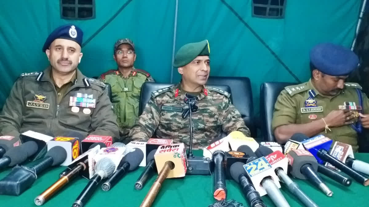 Brigadier Anirudh Chauhan (centre), Commander 2 Sector RR of the Indian Army along with other Army and police officials during a press conference in Anantnag on Saturday evening.