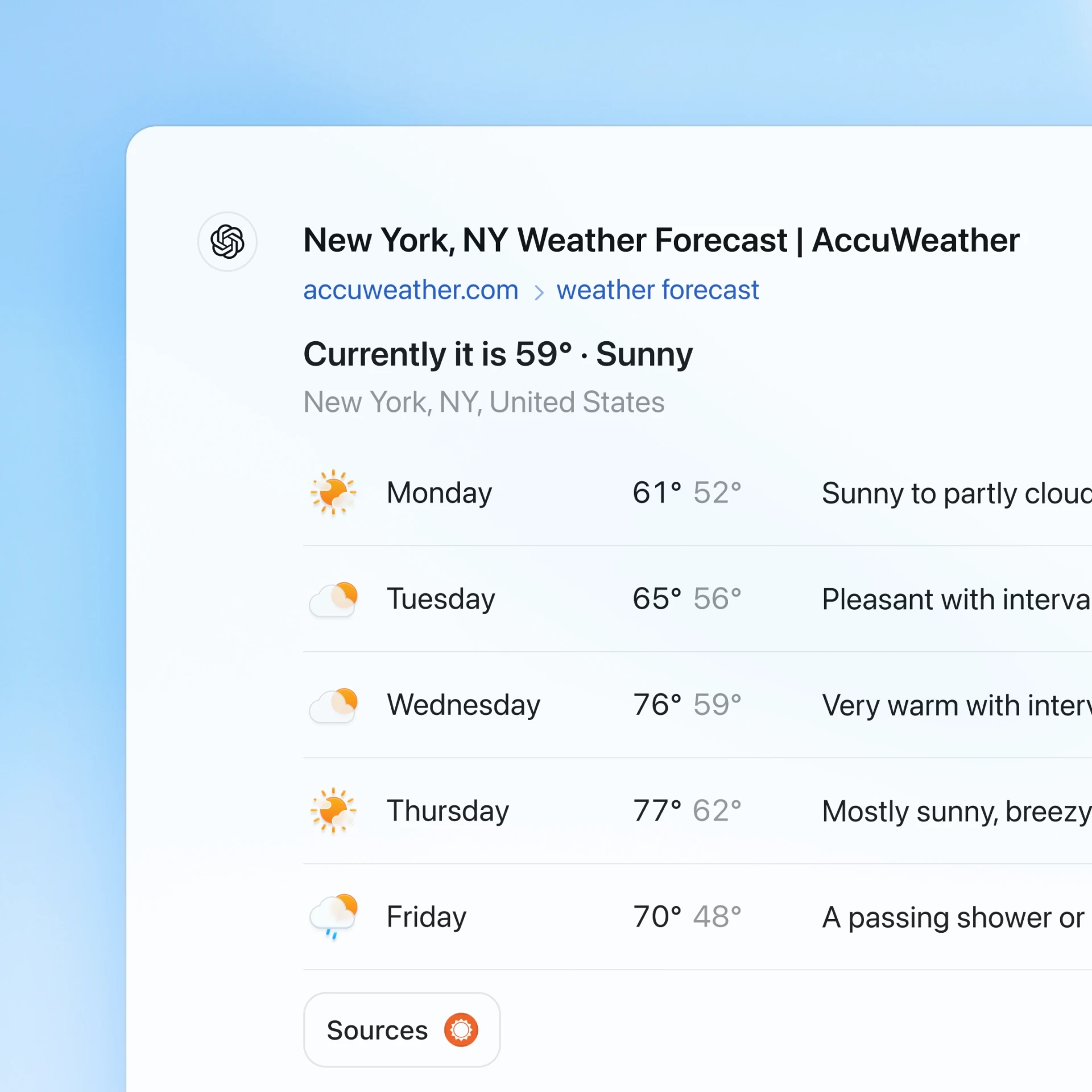 OpenAI ChatGPT Powered Search Engine weather forecast results