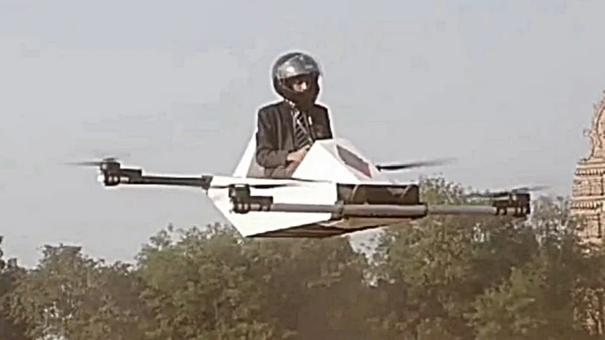 Medhansh Trivedi of the Scindia school flies in his newly developed drone MLDT 01 in Gwalior, Madhya Pradesh. The drone is capable of carrying human being up to 80 kg