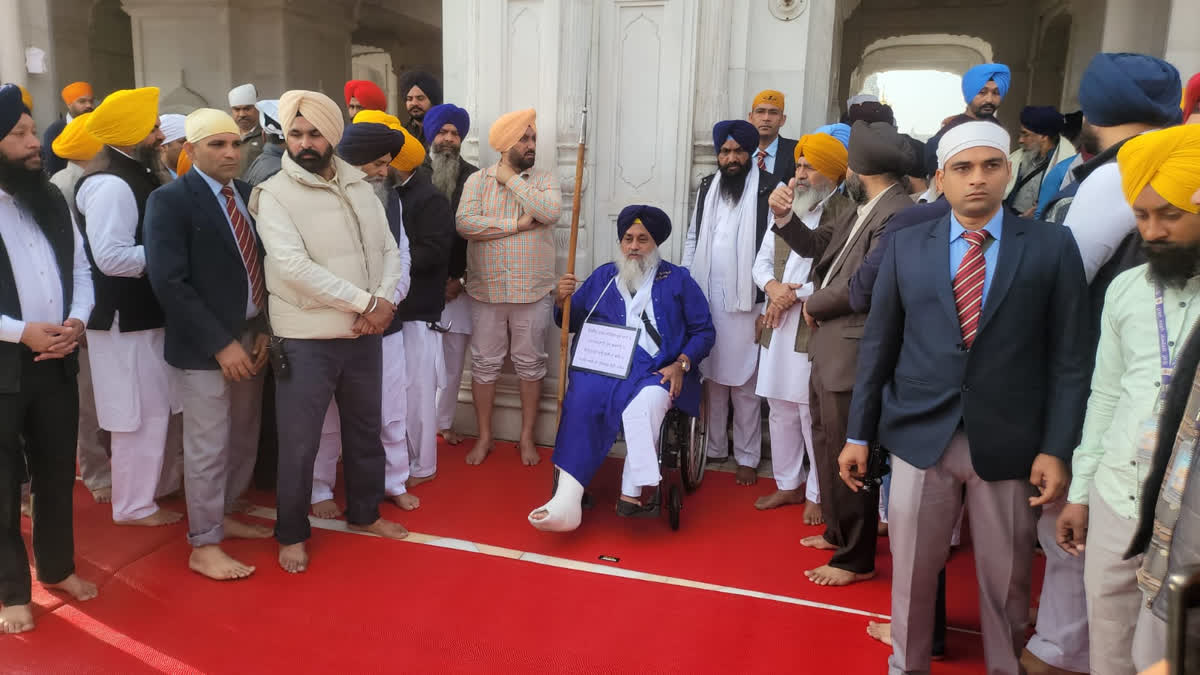 Akali Dal leader Sukhbir Badal serves sentence given by Akal Takht at Golden Temple.