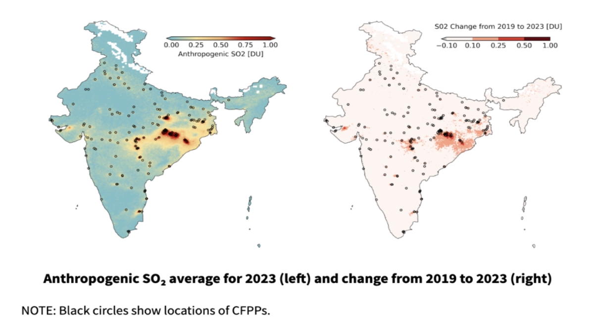 ભારતમાં 2019 ની સરખામણીમાં 2023 માં સલ્ફર ડાયોક્સાઇડ (SO₂) સ્તરમાં વધારો