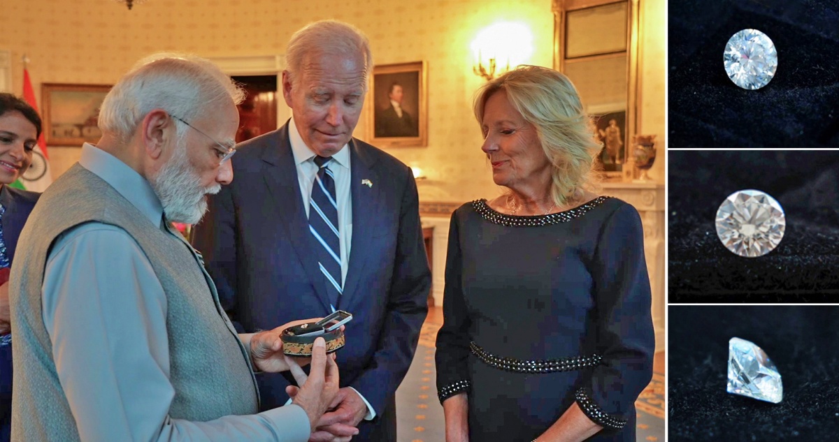 Prime Minister Narendra Modi gifting a lab-grown 7.5-carat green diamond to US First Lady Jill Biden