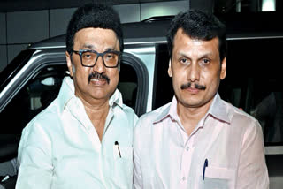 Former Minister Senthil Balaji meets Tamil Nadu Chief Minister MK Stalin, at the airport in Chennai on Friday.