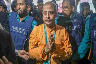 Chinmoy Krishna Das, a senior monk of the International Society for Krishna Consciousness (ISKCON), is produced in Chattogram Court by Bangladesh police following his arrest in a sedition case on Tuesday, November 26, 2024.