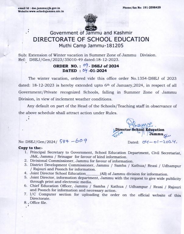 DSEJ extends Winter vacation In jammu schools