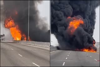 Diesel tanker caught fire  Punjab tanker fire  Tanker blaze  ಆಯಿಲ್​ ಟ್ಯಾಂಕರ್​ ಬ್ರಿಡ್ಜ್​ ಮೇಲೆ ಪಲ್ಟಿ  ಖನ್ನಾ ವಿಧಾನಸಭಾ ಕ್ಷೇತ್ರ