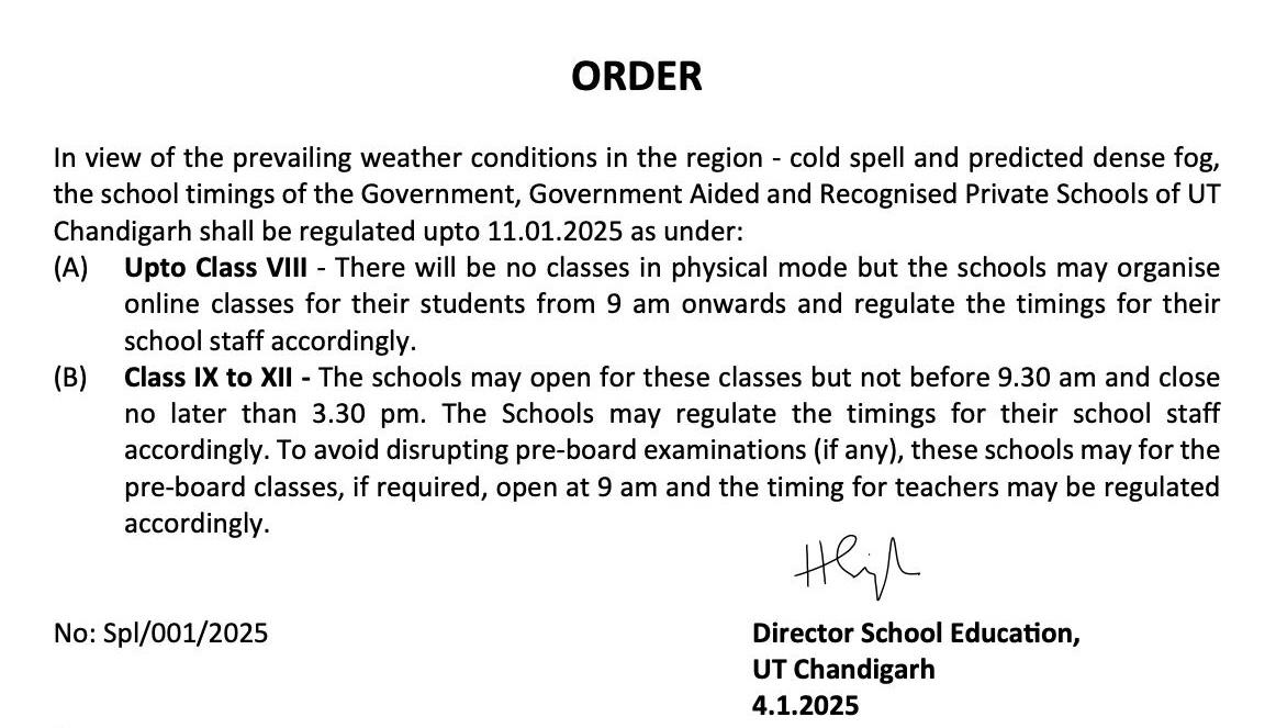 Chandigarh holidays of school children extended till January 11 due to cold wave and dense fog