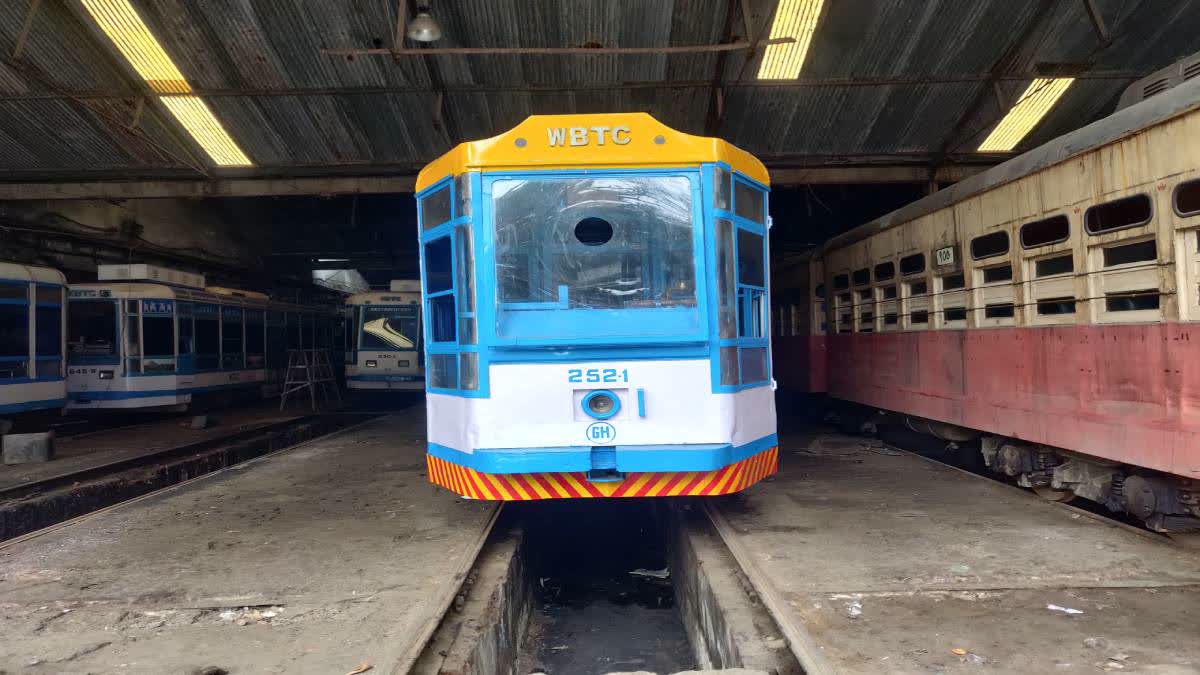 A double-engine tramcar at the Nonapukur depot.