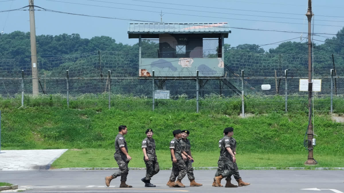 South Korean army soldiers pass by a military guard post at the Imjingak Pavilion in Paju, South Korea, near the border with North Korea, Wednesday, July 19, 2023. South Korea and the United States began large annual military exercises Monday, March 4, 2024, to bolster their readiness against North Korean nuclear threats after the North raised animosities with an extension of missile tests and belligerent rhetoric earlier this year.(AP Photo)