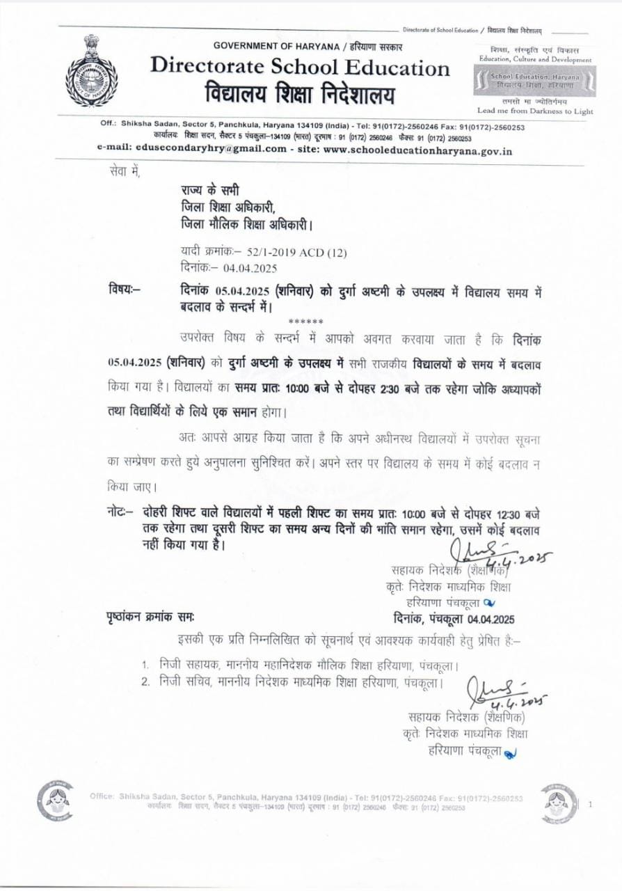 Haryana School Timing